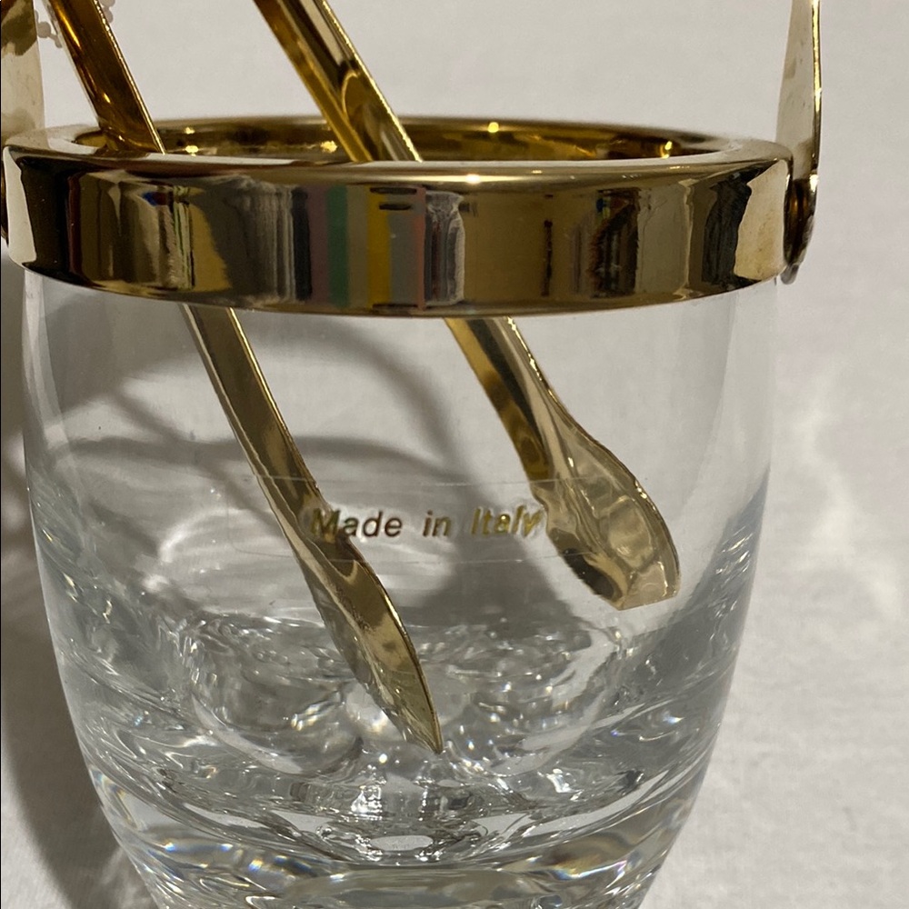 Small Crystal Ice Bucket with Gold Color Metal Trim and Ice Tong Made in Italy - Picture 8 of 10